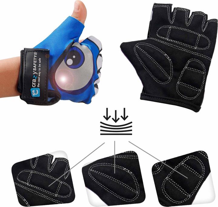 Crazy Safety Kids bike gloves with reflective eyes, padded palms - Blue - Size S (S)