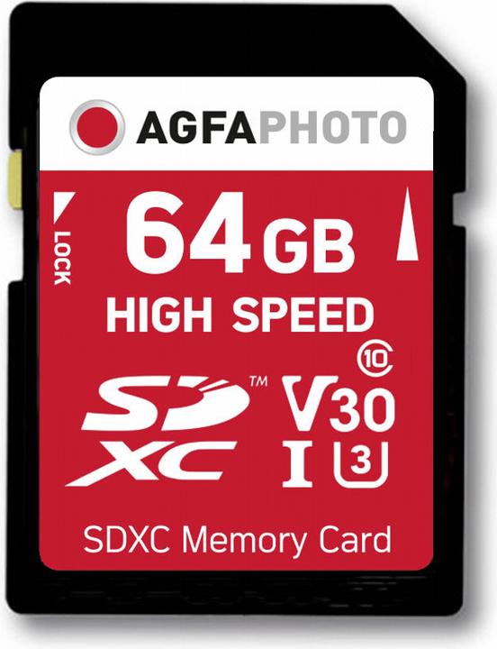 Produktbild AGFAPHOTO SDXC Karte 64GB High Speed Class 10 UHS I U1 V30 (64 GB, SDXC, U1, UHS-I)
