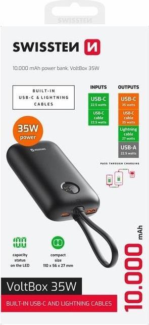 Produktbild Swissten Power Bank Voltbox 35w 10000 Mah with Built-In Cables USB-C and Lightning Black (10000 mAh, 35 W, 35 Wh)