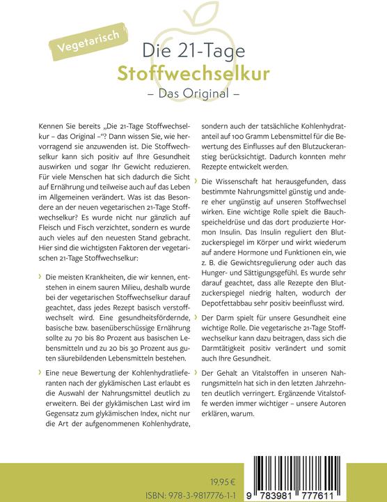 Image du produit Die vegetarische 21-Tage Stoffwechselkur -Das Original- (Allemand, Christian Mörwald, Arno Schikowsky, 2020)