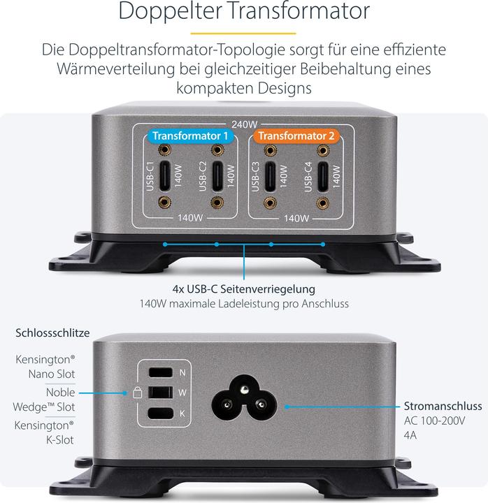 Immagine prodotto StarTech .com 424DEU-USB-C-CHARGER, Interno, AC, 28 V, 1,8 m, Grigio (240 W)
