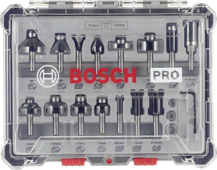 Produktbild Bosch Professional Zubehör 15-teiliges Fräser-Set, 8-mm-Schaft für Handfräsen