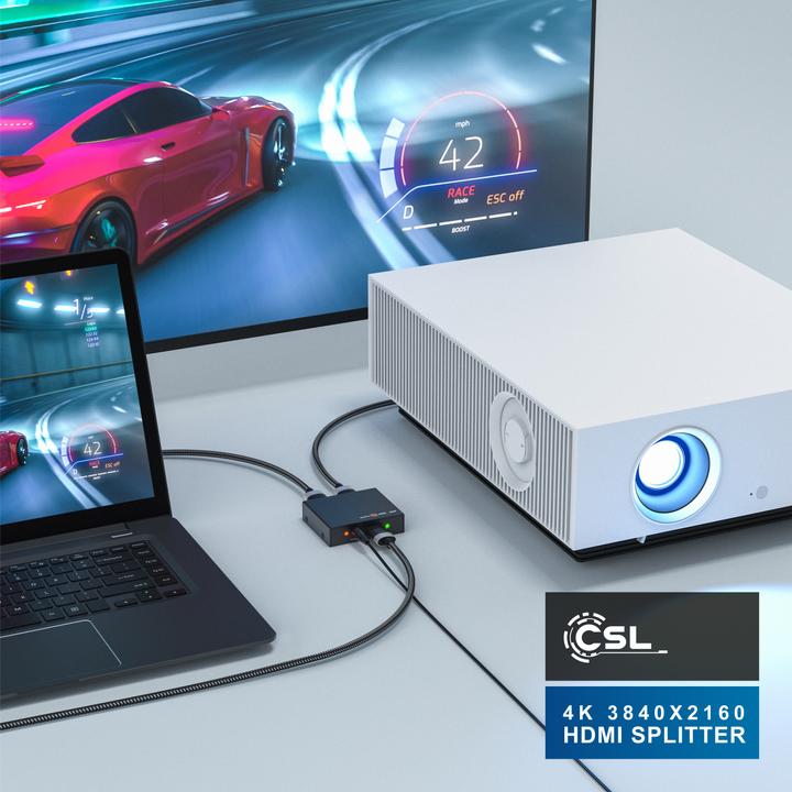 Actual product image CSL HDMI splitter, mini 4K UHD 2-port splitter 1x HDMI input to 2x HDMI output, Ultra HD 2160p