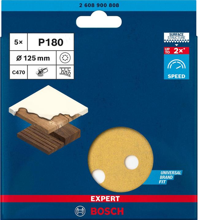 Immagine prodotto Bosch Professional Zubehör EXPERT C470 Carta abrasiva a 8 fori per levigatrice rotorbitale, 125 mm, G 180, 5 pezzi. (180)