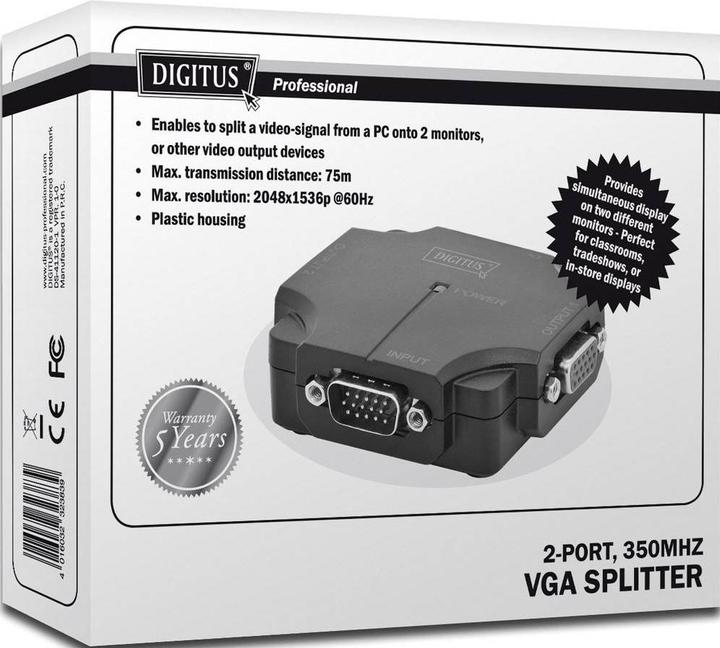 Produktbild Digitus VGA Splitter 2-Port 350MHz int.Leistungsverstaerker bis 75m max Aufloesung 2048x1536 bei 60Hz