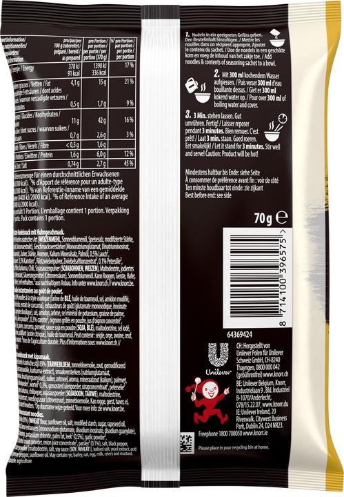 Nährwerte und Zutaten Knorr Asia Noodles Chicken Beutel, Instant Asiatische Nudeln mit Poulet & Gemüse, in 3 Minuten zubereitet (70 g)