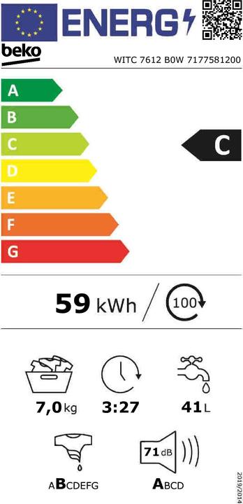 Energy Label Beko WITC7612B0W Washing machine Built-in Front loader (7 kg, Left)