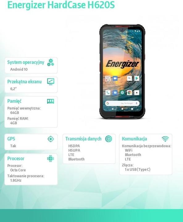 Actual product image Energizer H620S 4G BLACK IP69 (64 GB, Black, 6.20", Hybrid Dual SIM, 48 Mpx, 4G)