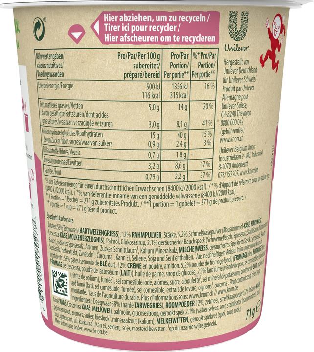 Nährwerte und Zutaten Knorr Pasta Snack Carbonara Becher, Teigwaren mit cremiger Sauce & Speck, in 5 Minuten zubereitet (88 g)