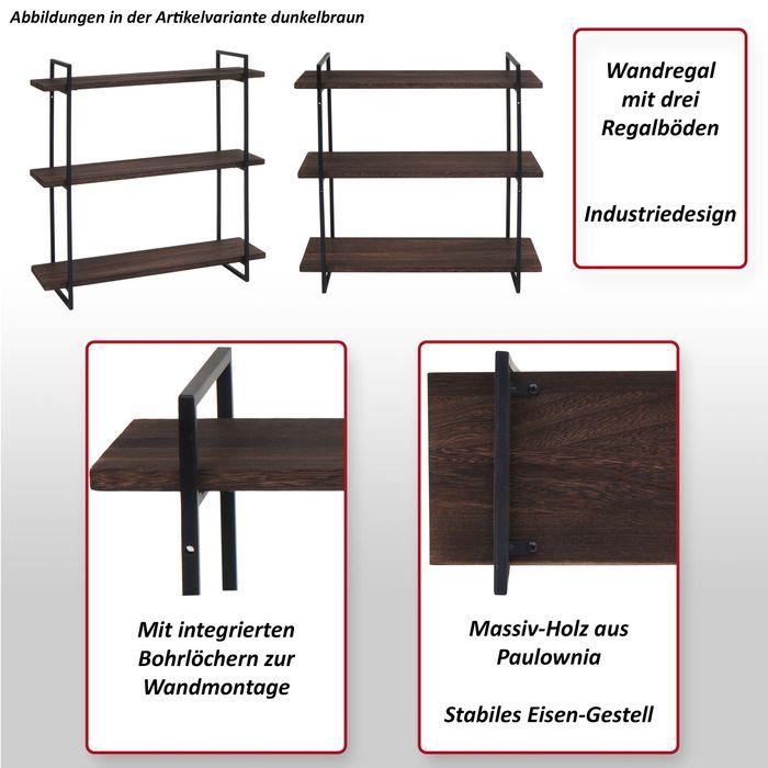 Produktbild Mendler Wandregal HWC-K78, 3 Regalböden Massiv-Holz Industrial 60x60x18cm - dunkelbraun, Metall schwarz (60 x 60 x 18 cm)