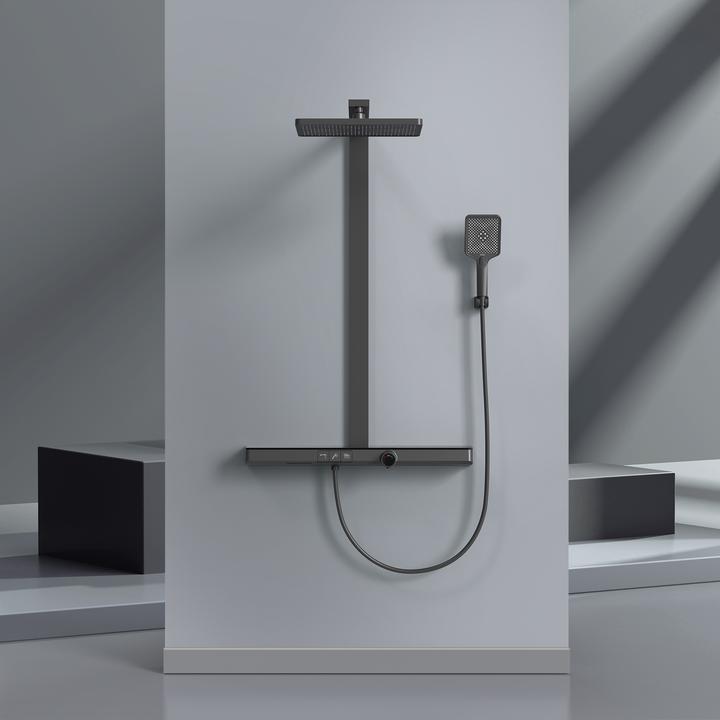 Produktbild Emke Duschsystem mit Thermostat, Handbrause + Regendusche(3 Strahlstärken) + Unterer Auslass, Schwarz