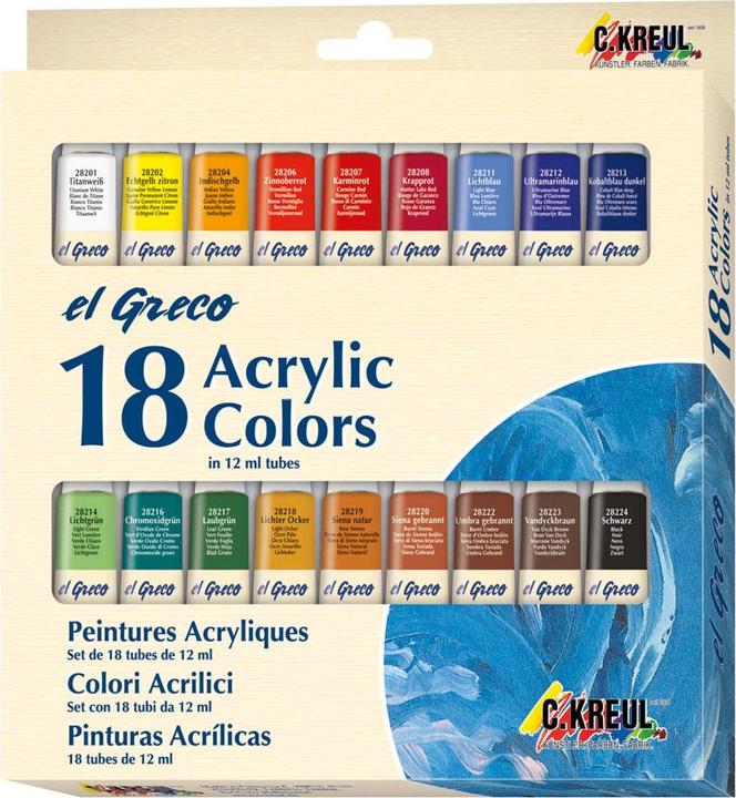 Actual product image Kreul EL GRECO - set of 18 acrylic paints (Real yellow lemon, Titanium white, Light green, Leaf green, Madder Red, Lights Ochre, Crimson, Burnt umber, Ultramarine blue, Black, Chrome oxide green, Light blue, Cobalt blue dark, 216 ml)