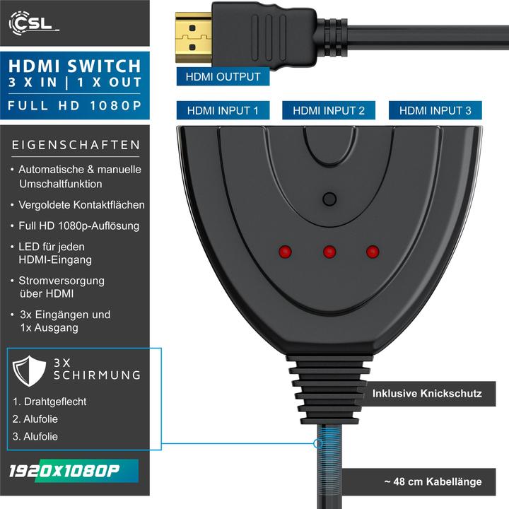 Actual product image CSL 3 Port HDMI Switch Full HD 1080p, automatic switching / 3D / HDCP / CEC