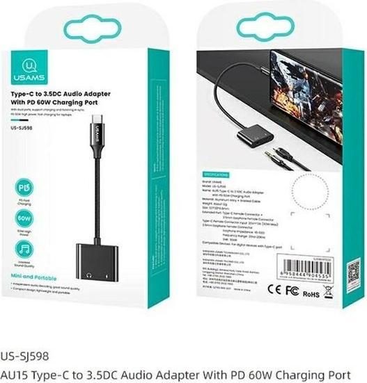 Immagine prodotto Usams Adattatore AU15 USB-C - jack 3,5m DAC + USB-C PD60W nero SJ598YPTC01 (US-SJ598) (USB tipo C, Jack da 3.5mm)