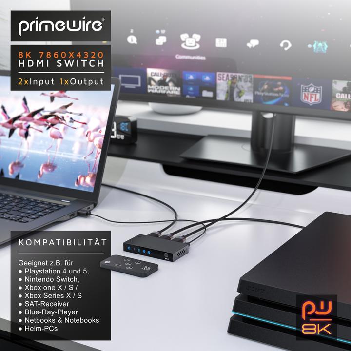 Produktbild Primewire 2-Port HDMI 2.1 Switch, 8K Umschalter, 2 in 1 Out UHD, Splitter mit Fernbedienung, UHD 8k 4k 60 Hz