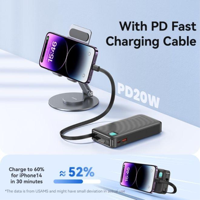 Image du produit Usams Powerbank ze zwijanym kablem USB-C Retractable 10000 mAh PD 20W Fast Charge XY Series czarny/b (10000 mAh, 50 W, 50 Wh)
