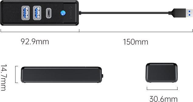 Produktbild Orico Hub Adapter USB to 2x USB 3.0 + USB-C, 5 Gbps, 0.15m (Black) (USB-C, 3 Ports)