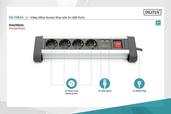 Produktbild Digitus Office-Steckdosenleiste (6 x, USB-A, 1.50 m)