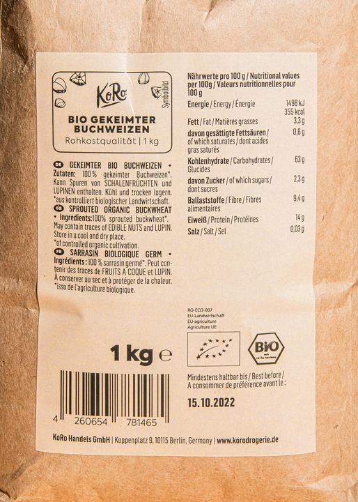 Nutritional values and ingredients KoRo Organic sprouted buckwheat (1000 g)