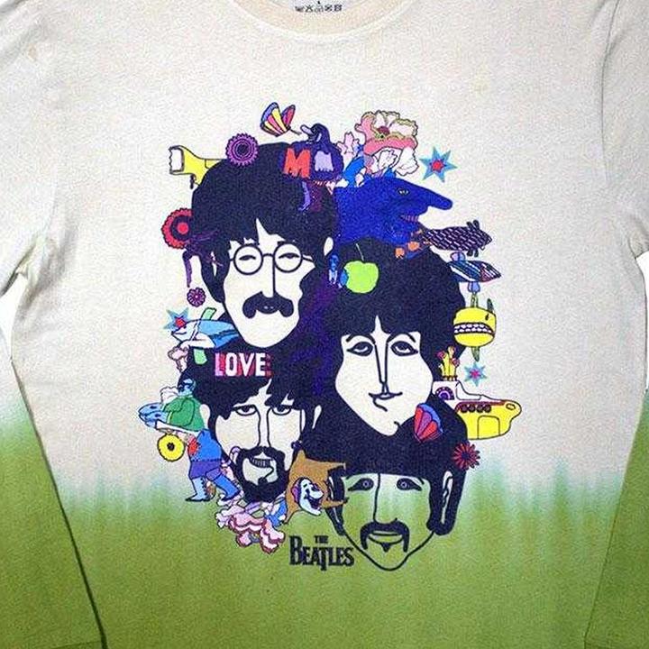Actual product image The Beatles Unisex Adult Yellow Submarine Heads Collage Washed Long-Sleeved T-Shirt (M)