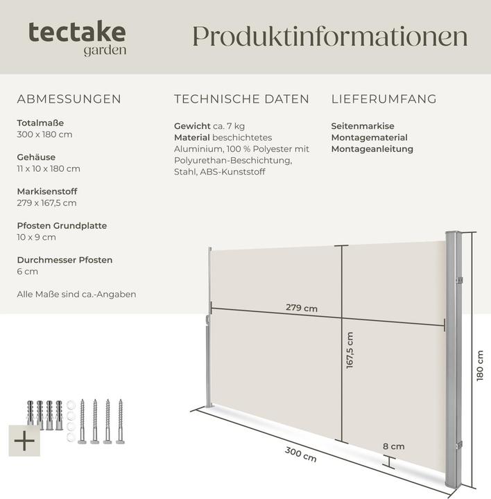 Image du produit tectake Store Latéral Rétractable (1.80 m)