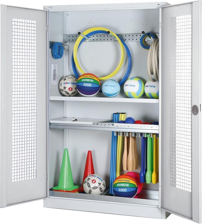 Produktbild C+P Modul-Sportgeräteschrank mit Komplettausstattung (HxBxT: 195x120x50 cm, mit Lochblech-Flügeltüren)