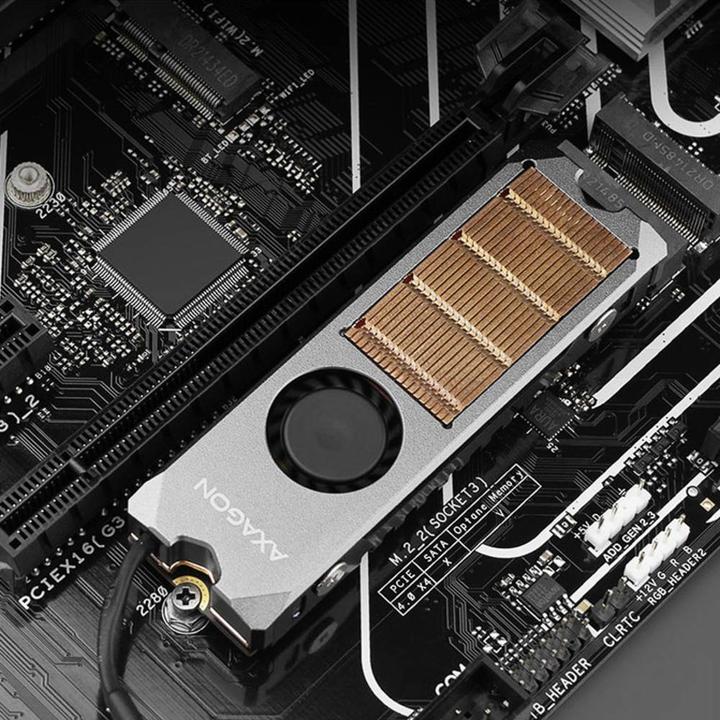Image du produit Axagon CLR-M2FAN computer cooling system Solid-state drive Heatsink/Radiatior Grey 1 pièce(s)