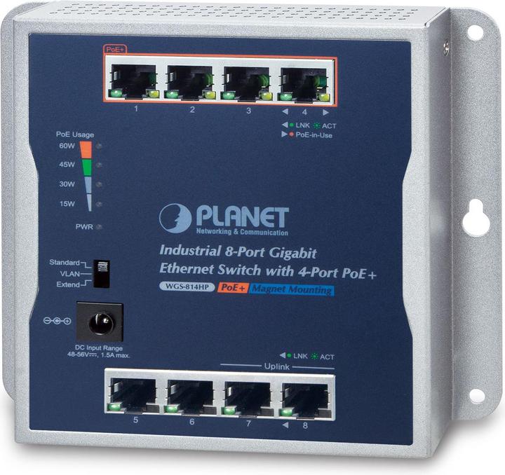 Actual product image Planet Industrial 8-Port GE 4-Port PoE+ Wallmount (8 Ports)