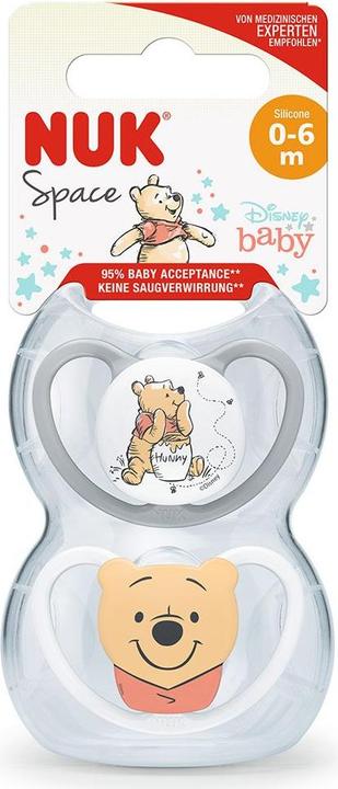 Image du produit NUK Disney Winnie l'Ourson Sucette en silicone, forme orthodontique, 0-6 mois, 2 pièces, gris et blanc (2 x, dès la naissance)
