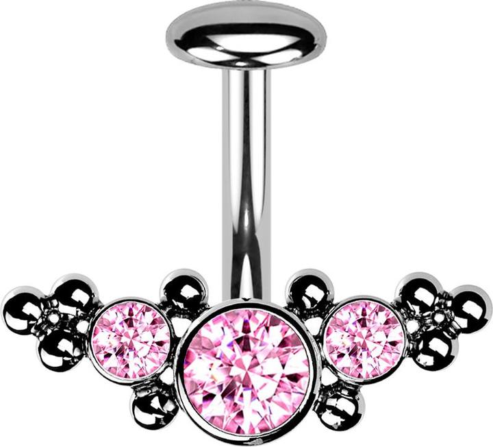 Produktbild Star Piercing Threadless Labret-Stab Banane silber front mittig mit Kugeln und drei Kristalle pink (Titan G23)