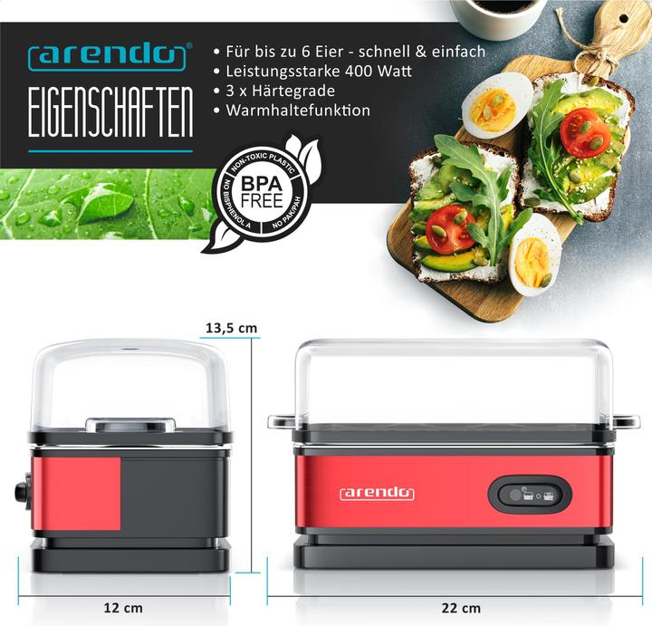 Image du produit Arendo Edelstahl Eierkocher 6-fach, 400 W, Edelstahl, Warmhaltefunktion, Härtegrad einstellbar, rot