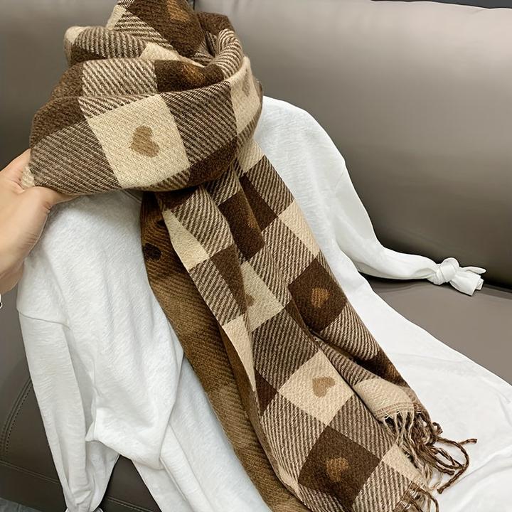 Actual product image Only-Bags.Store Double-Sided Heart Pattern Scarf, Winter Plaid Warm Neck Wrap, Cozy Shawl For Autumn & Winter