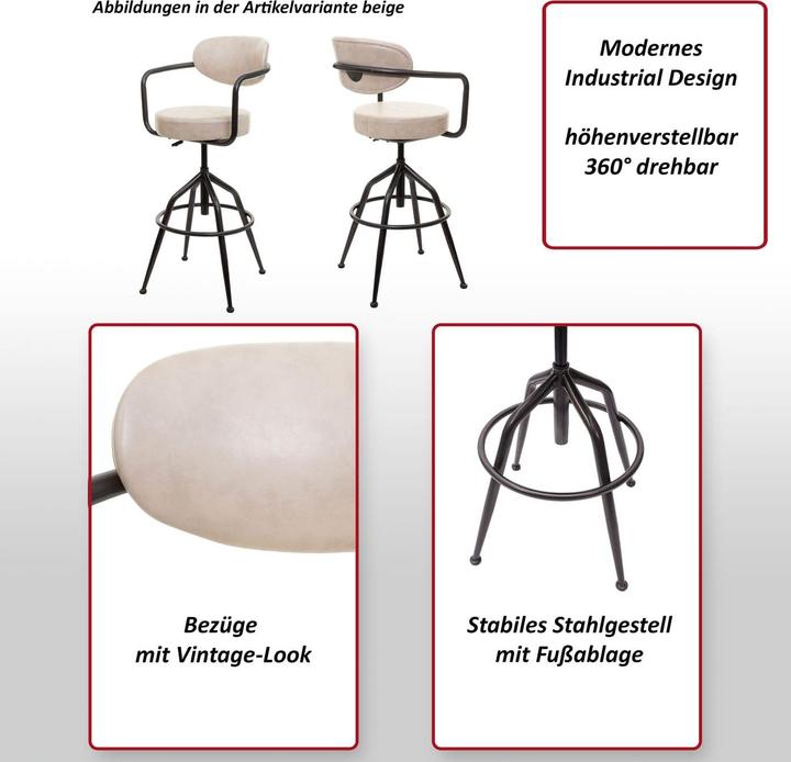 Image du produit Mendler Tabouret de bar HWC-H10f, hauteur réglable Industrial aspect daim - beige vintage