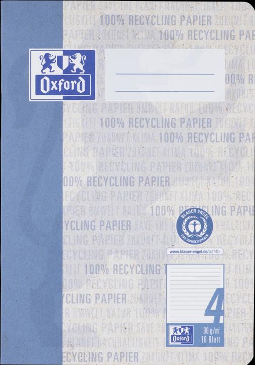 Produktbild Oxford Recycling Schulheft, A5, Lineatur 4 (A5, Kariert, Kein Einband)