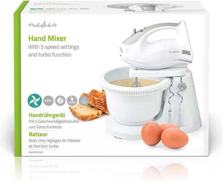 Produktbild Nedis Handmixer 200 W 5 Geschindigkeitsstufen Turbofunktion Turning Bowl / 2 Knethaken / 2 Schlägel (200 W)