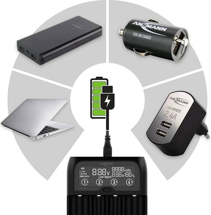 Produktbild Ansmann Lithium 4 Universalladegerät mit 2x 18650 Akkuzellen (2600mAh) Ladegerät (2 Stk., 18650, 2600 mAh, Ladegerät inkl. Akku)