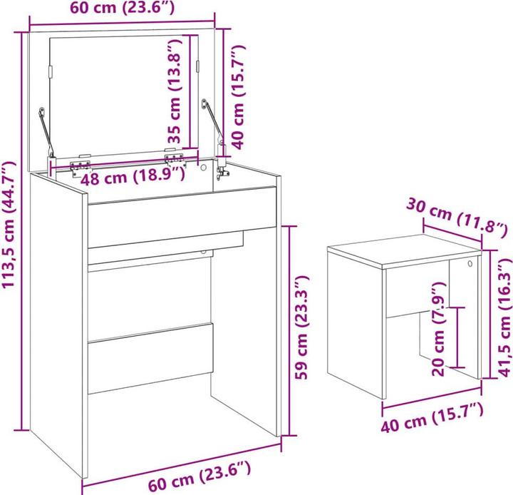 Actual product image VidaXL Dressing table with stool 60 x 40 x 113.5 cm (60 x 40 x 75 cm)