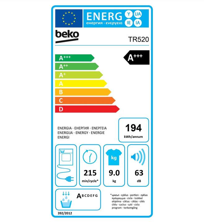 Label énergétique Beko TR520 (9 kg, Droite)