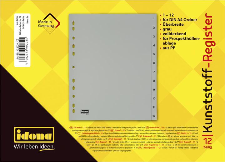 Image du produit Idena Répertoire en plastique A4 1 à 12 gris PP
