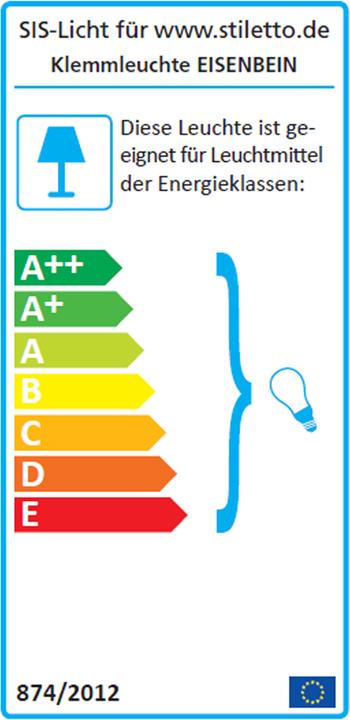 Energie-Label Stiletto Eisenbein Klemmleuchte