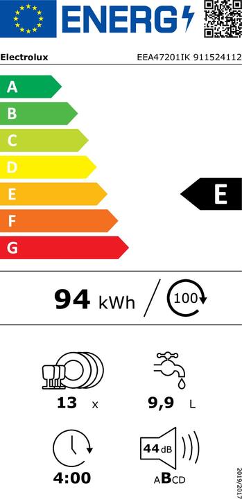Etichetta energetica Electrolux EEA47201IK A scomparsa parziale 13 coperti E