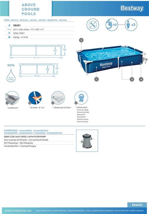 Image du produit Bestway Piscine Steel Pro Frame (221 x 150 x 43 cm)