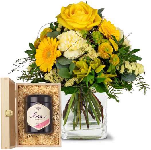 Actual product image Fleurop Sunny Vibes with Swiss blossom honey (Cut flowers)