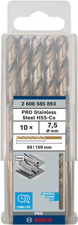 Image du produit Bosch Professional Zubehör Foret hélicoïdal PRO Stainless Steel HSS-Co, 7.5 x 69 x 109 mm (7,5 mm)