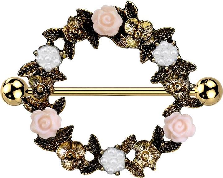 Produktbild Star Piercing Barbell vergoldet mit zwei Kugeln Blumenkranz (Chirurgenstahl 316L, Messing)
