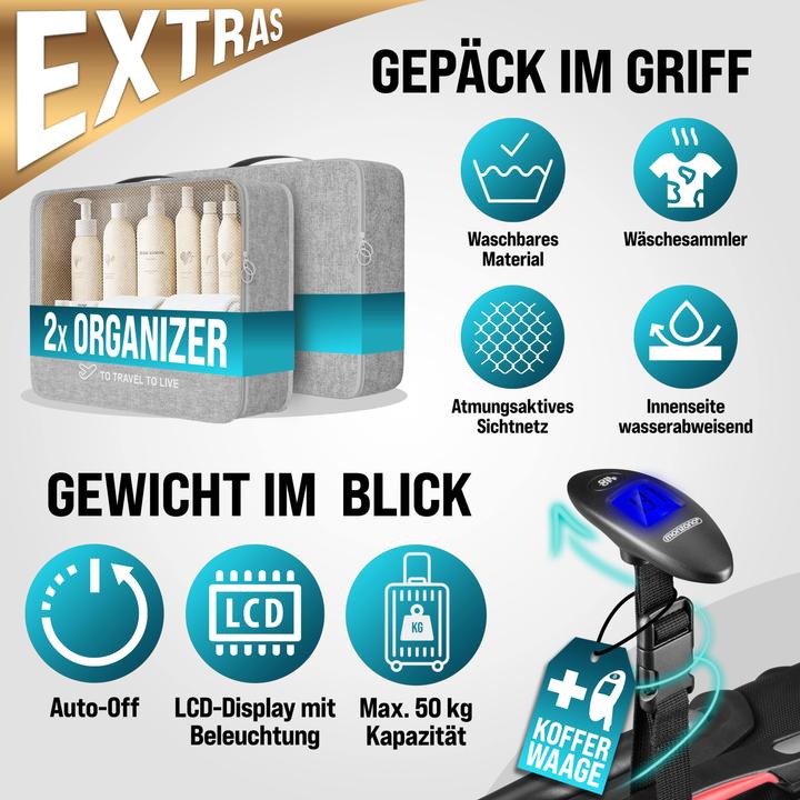 Produktbild Monzana Hartschalenkoffer 4er Set mit Zubehör (120 l, Handgepäck (bis 50l), M (50 - 90l), L (90 - 115l), XL (ab 115l))