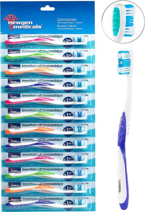 Produktbild Newgen medicals 12er-Pack Marken-Zahnbürsten mit Zungenreiniger, MEDIUM, 4 Farben (Mittel, 12 x)