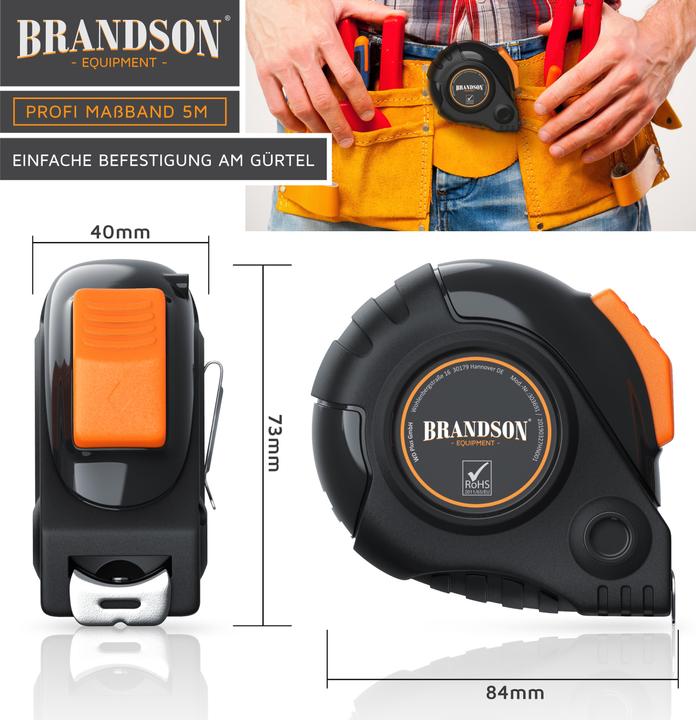 Produktbild Brandson 5m Bandmass, Bandmass mit Gürtelclip, robustes Stahlbandmass, Massband, Rolle