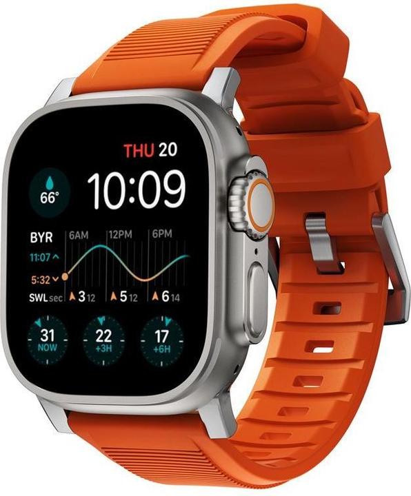 Nomad Rugged Strap -ranneke, Apple Watch 49 / 45 / 44 /, oranssi / hopea (45 mm, 44 mm, 42 mm, 49 mm, Tyres)