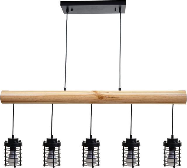 Image du produit Swisshandel24 Lampe à Suspendre, Industriel Vintage Bois Métal Noir - 5 Abat-jour Cage (E27)